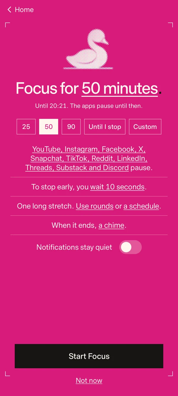 Focus for 50 minutes on the magenta plate: lengths to pick, the eleven apps that pause, a 10 second wait to stop early, rounds or a schedule, a chime when it ends, and Notifications stay quiet