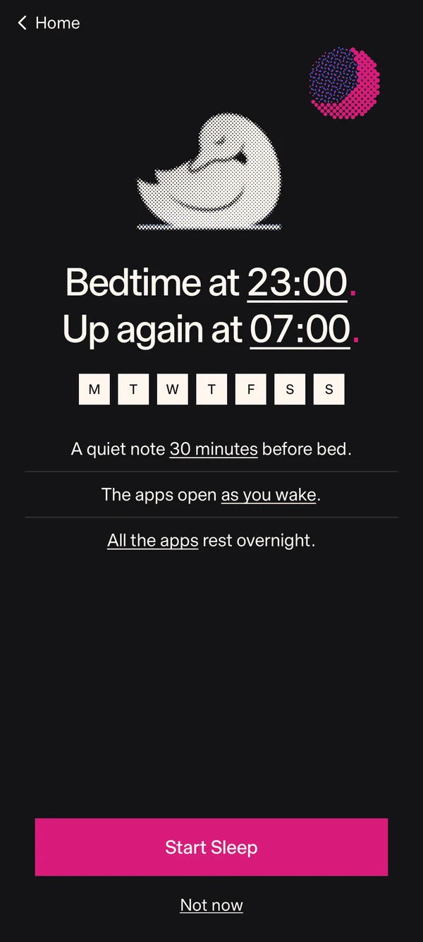Sleep as a night print: the sleeping cygnet under a halftone moon, Bedtime at 23:00, Up again at 07:00, a quiet note before bed, and Start Sleep